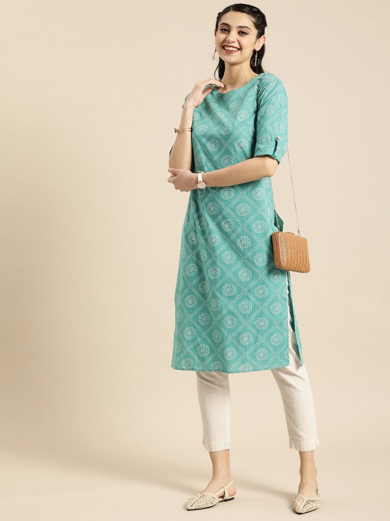 Women Green Bandhani Printed Summer Sheers Kurta - Image 5