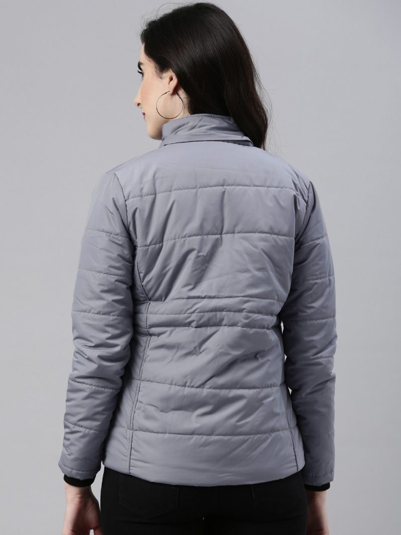 Women Grey Windcheater Hooded Padded Jacket - Image 4