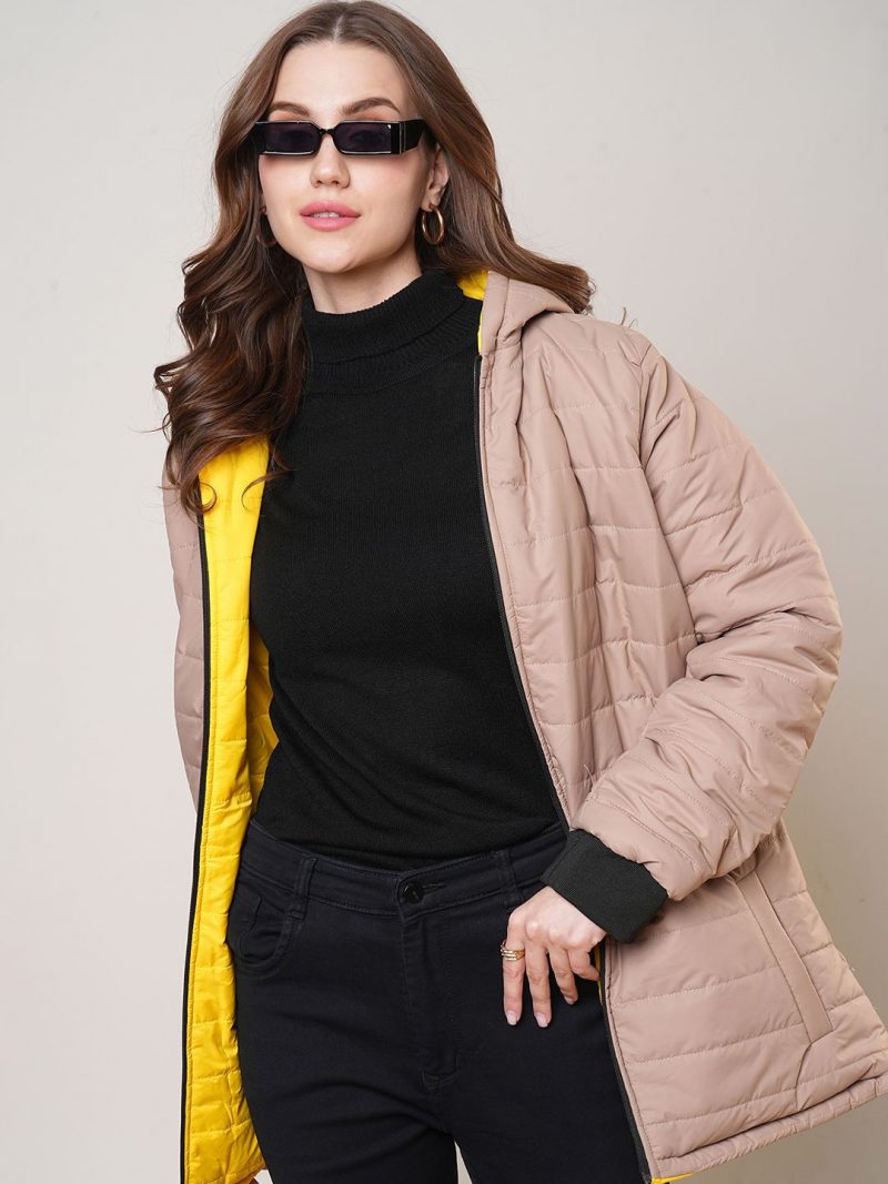 Front Zip 2 Pockets Hooded Reversible Winterwear Puffer Jacket - Image 2