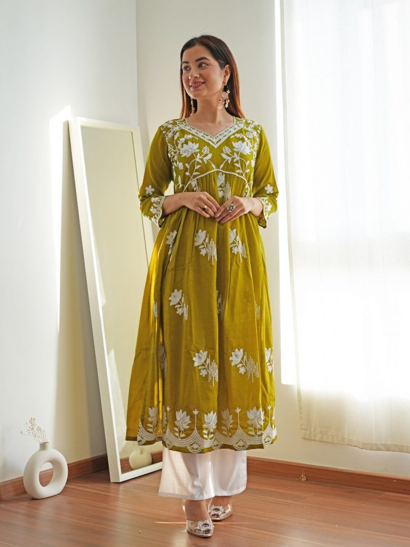 Women Floral Printed Flared Sleeves Thread Work Summer Sheers Kurta