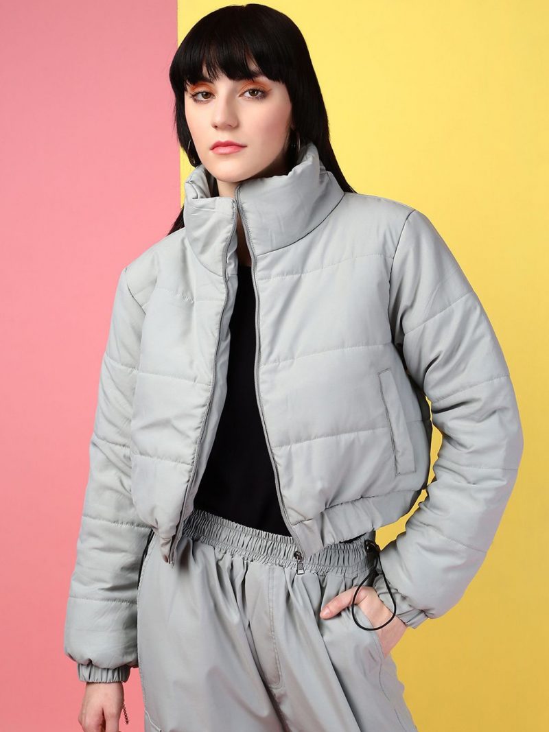Women Solid Insulator Crop Winter Puffer Jacket