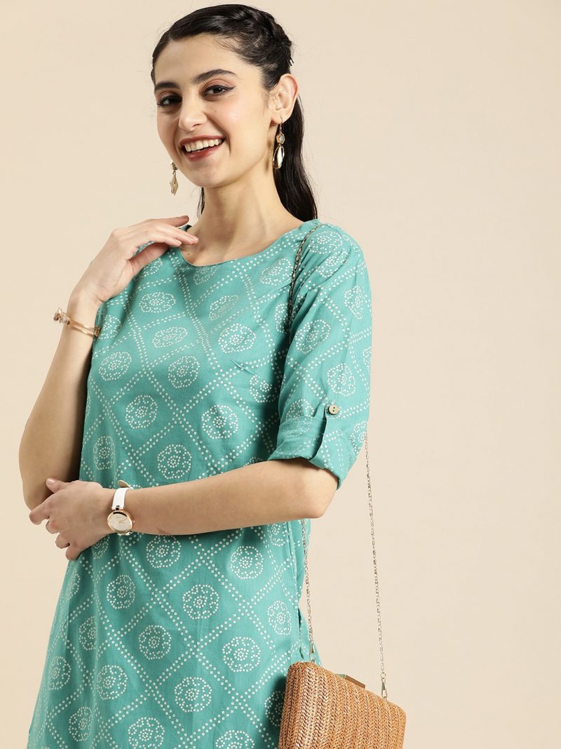 Women Green Bandhani Printed Summer Sheers Kurta