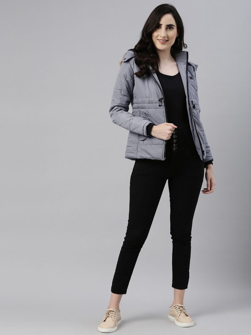 Women Grey Windcheater Hooded Padded Jacket - Image 5