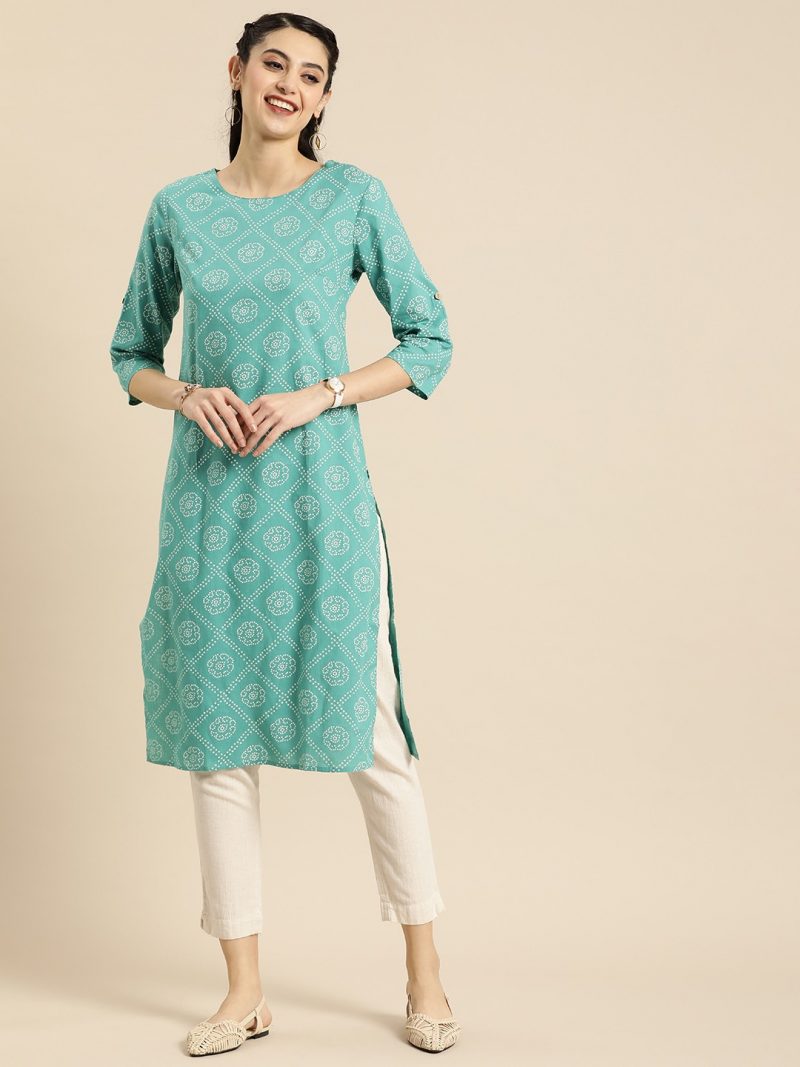 Women Green Bandhani Printed Summer Sheers Kurta - Image 2