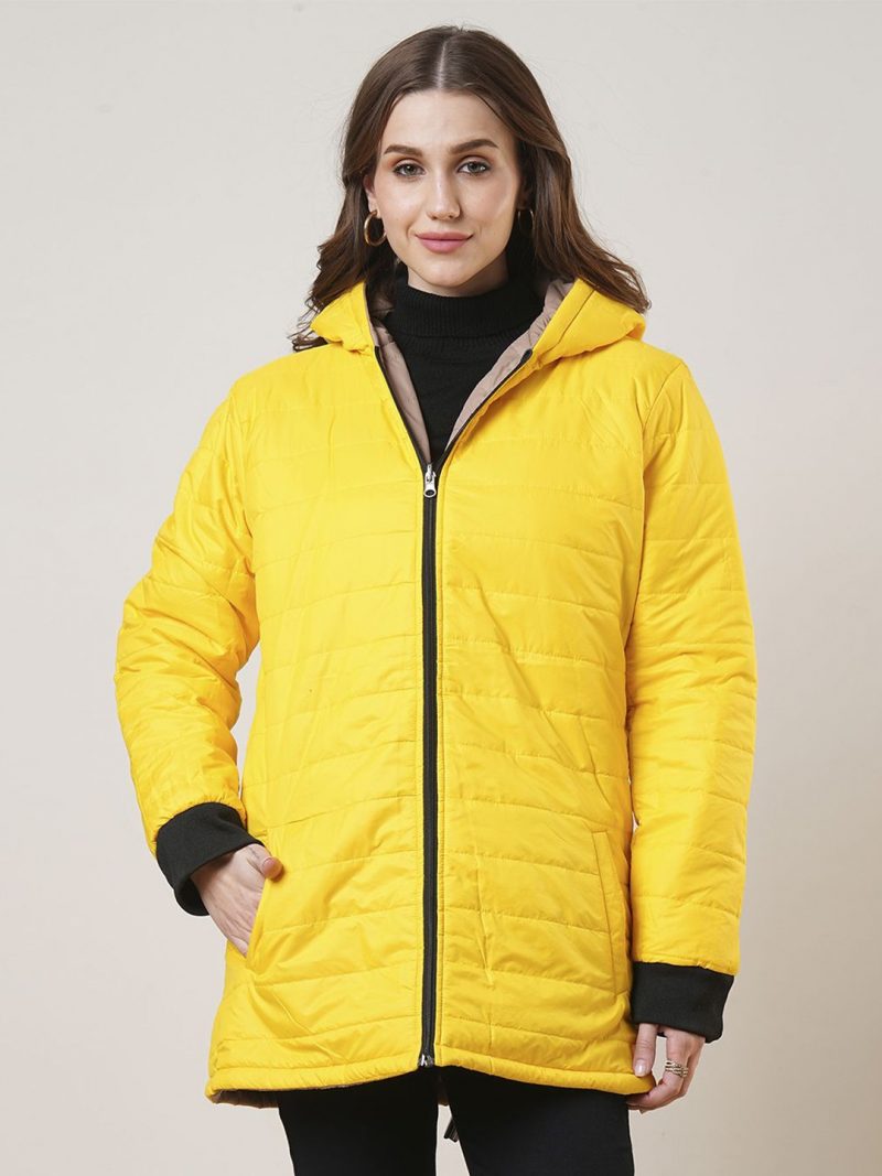 Front Zip 2 Pockets Hooded Reversible Winterwear Puffer Jacket