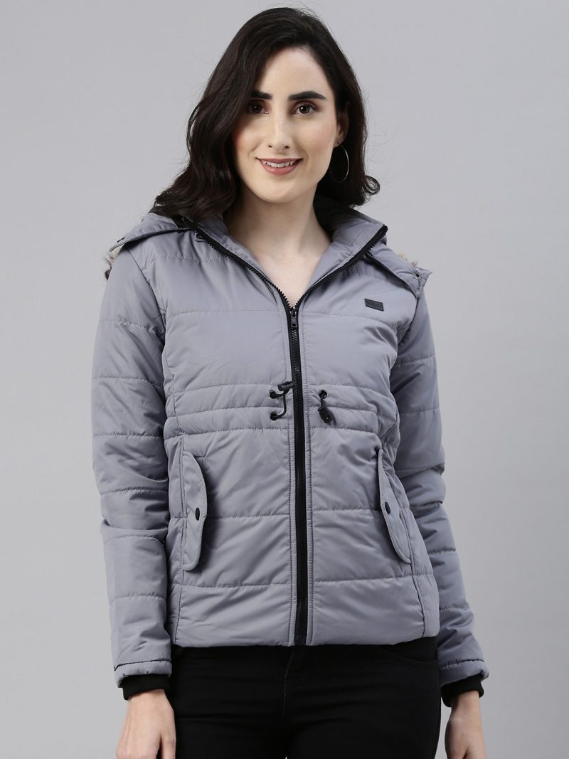 Women Grey Windcheater Hooded Padded Jacket