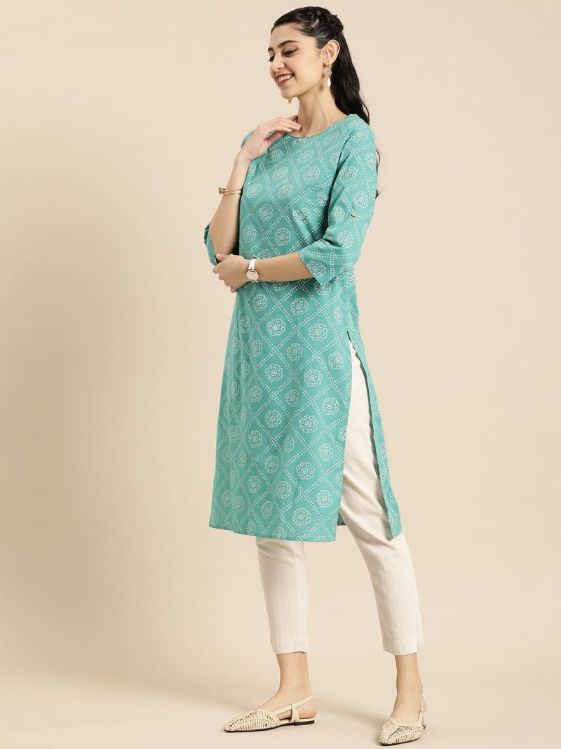 Women Green Bandhani Printed Summer Sheers Kurta - Image 3