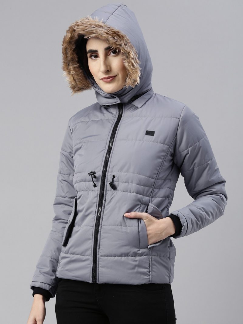 Women Grey Windcheater Hooded Padded Jacket - Image 3