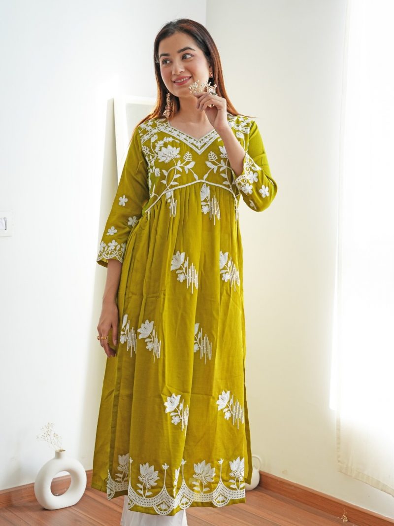 Women Floral Printed Flared Sleeves Thread Work Summer Sheers Kurta - Image 5