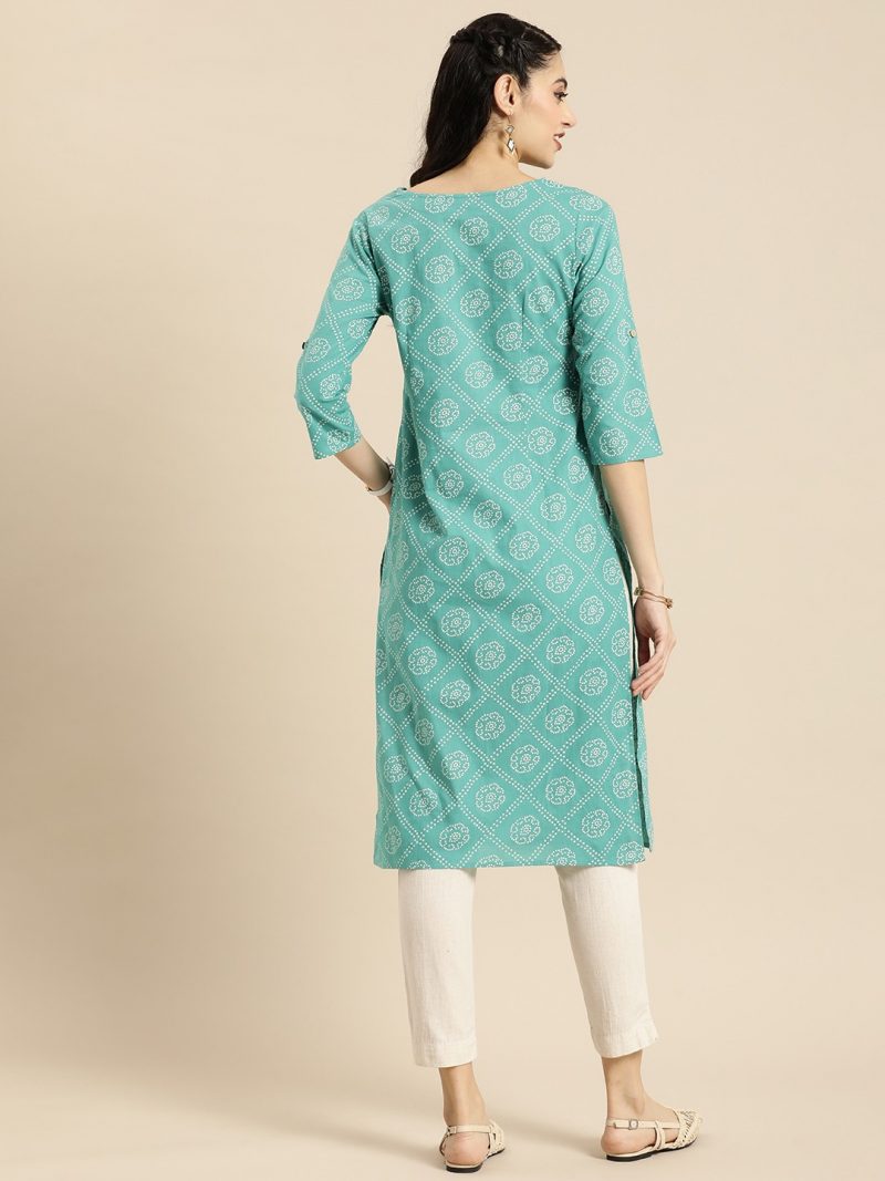 Women Green Bandhani Printed Summer Sheers Kurta - Image 4